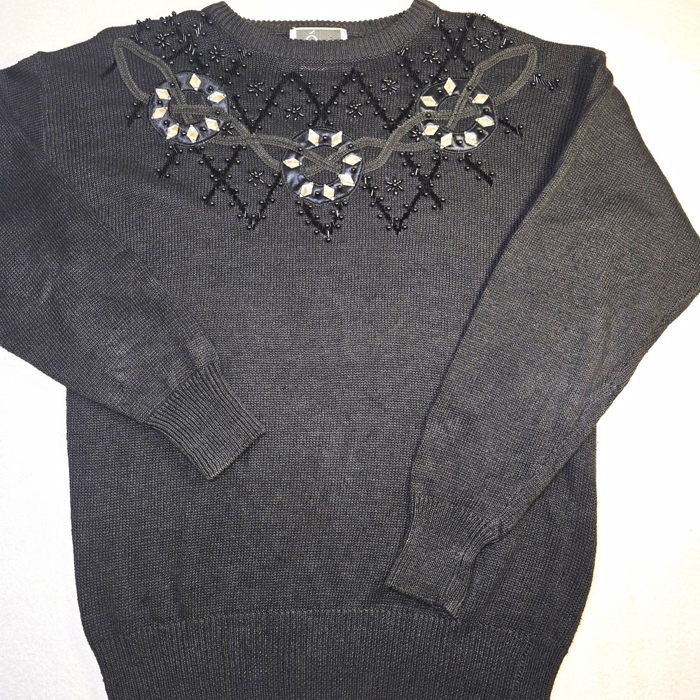 Vtg Ory New York Beaded Sweater M Black Ramie Cotton 80s 90s Whimsigoth Holiday.